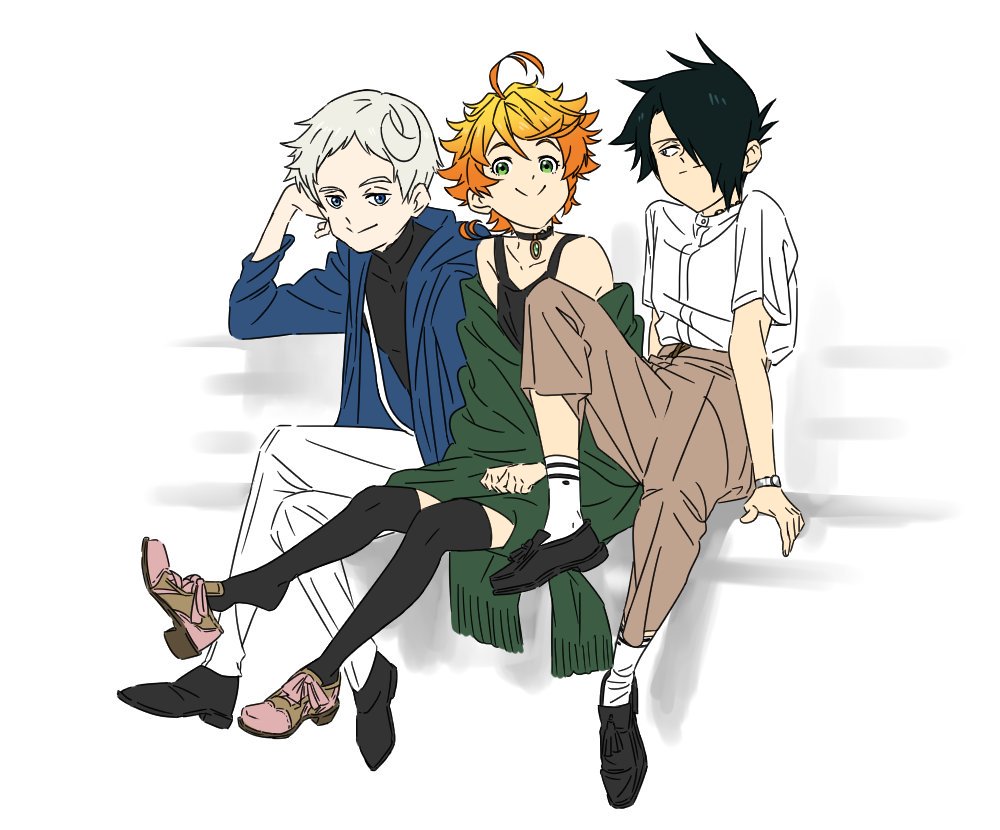 1girl 2boys ahoge black_eyes black_footwear black_hair black_legwear blue_eyes choker closed_mouth collarbone emma_(yakusoku_no_neverland) footwear_removed green_eyes green_scarf hair_over_one_eye leaning_to_the_side leg_up long_sleeves looking_at_viewer looking_to_the_side multiple_boys neck_tattoo norman_(yakusoku_no_neverland) number_tattoo orange_hair pants pink_footwear pullover ray_(yakusoku_no_neverland) scarf shirt shoelaces shoes short_hair simple_background sitting sketch smile tattoo thigh-highs tlieilt_625p watch white_background white_hair white_pants white_shirt yakusoku_no_neverland