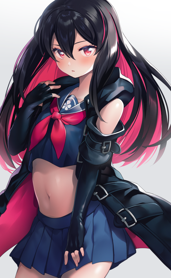 1girl bangs bare_shoulders black_gloves black_hair blue_skirt blush crop_top elbow_gloves fingerless_gloves gloves long_hair looking_at_viewer multicolored_hair navel neckerchief open_mouth pleated_skirt pon_nbsm red_eyes red_neckwear ren_(witch's_weapon) school_uniform serafuku shirt simple_background skirt solo stomach streaked_hair thigh-highs vest white_background witch's_weapon