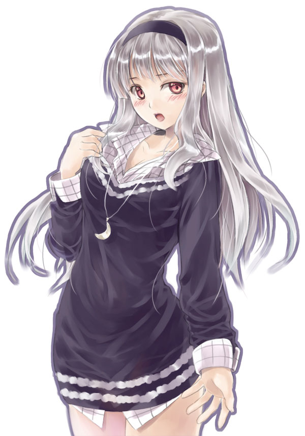 1girl blush hairband idolmaster idolmaster_(classic) jewelry long_hair minasato_hibiki necklace no_pants open_mouth pendant shijou_takane silver_hair solo white_background