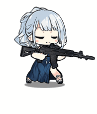 1girl ak-12 ak-12_(girls_frontline) alternate_costume alternate_hairstyle animated animated_gif assault_rifle bangs black_footwear blue_dress blush_stickers breasts closed_eyes dress full_body girls_frontline glowing glowing_eye gun halter_dress hand_on_own_face head_tilt holding holding_gun holding_weapon laughing long_hair lowres official_art opening_eyes ponytail rifle saru sidelocks silver_hair simple_background smile solo violet_eyes weapon white_background wristband