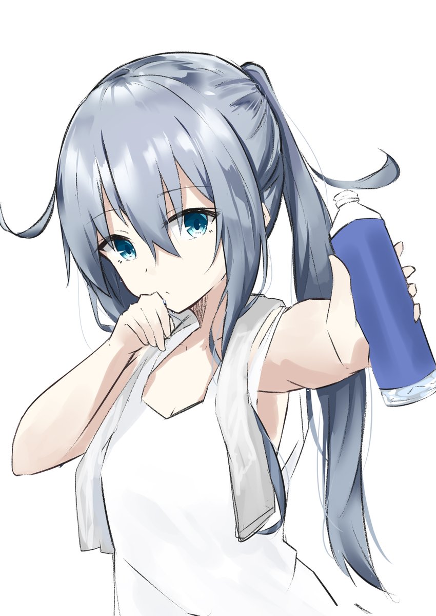 1girl alternate_hairstyle arm_up armpits blue_eyes bottle commentary_request evening_rabbit eyebrows_visible_through_hair giving hair_between_eyes hand_to_own_mouth head_tilt hibiki_(kantai_collection) highres holding holding_bottle kantai_collection long_hair outstretched_arm ponytail sidelocks silver_hair solo tank_top towel towel_around_neck upper_body water_bottle wiping_mouth