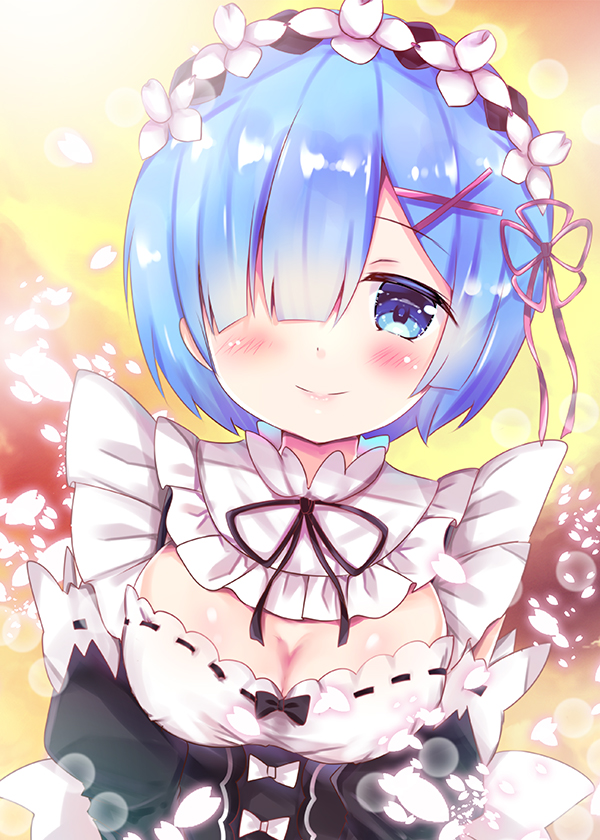 1girl bangs black_dress black_sleeves blue_eyes blue_hair blush breasts cleavage closed_mouth commentary_request detached_sleeves dress eyebrows_visible_through_hair hair_ornament hair_over_one_eye hair_ribbon hairclip looking_at_viewer medium_breasts petals puffy_sleeves re:zero_kara_hajimeru_isekai_seikatsu red_ribbon rem_(re:zero) ribbon ribbon-trimmed_sleeves ribbon_trim rikatan smile solo upper_body x_hair_ornament