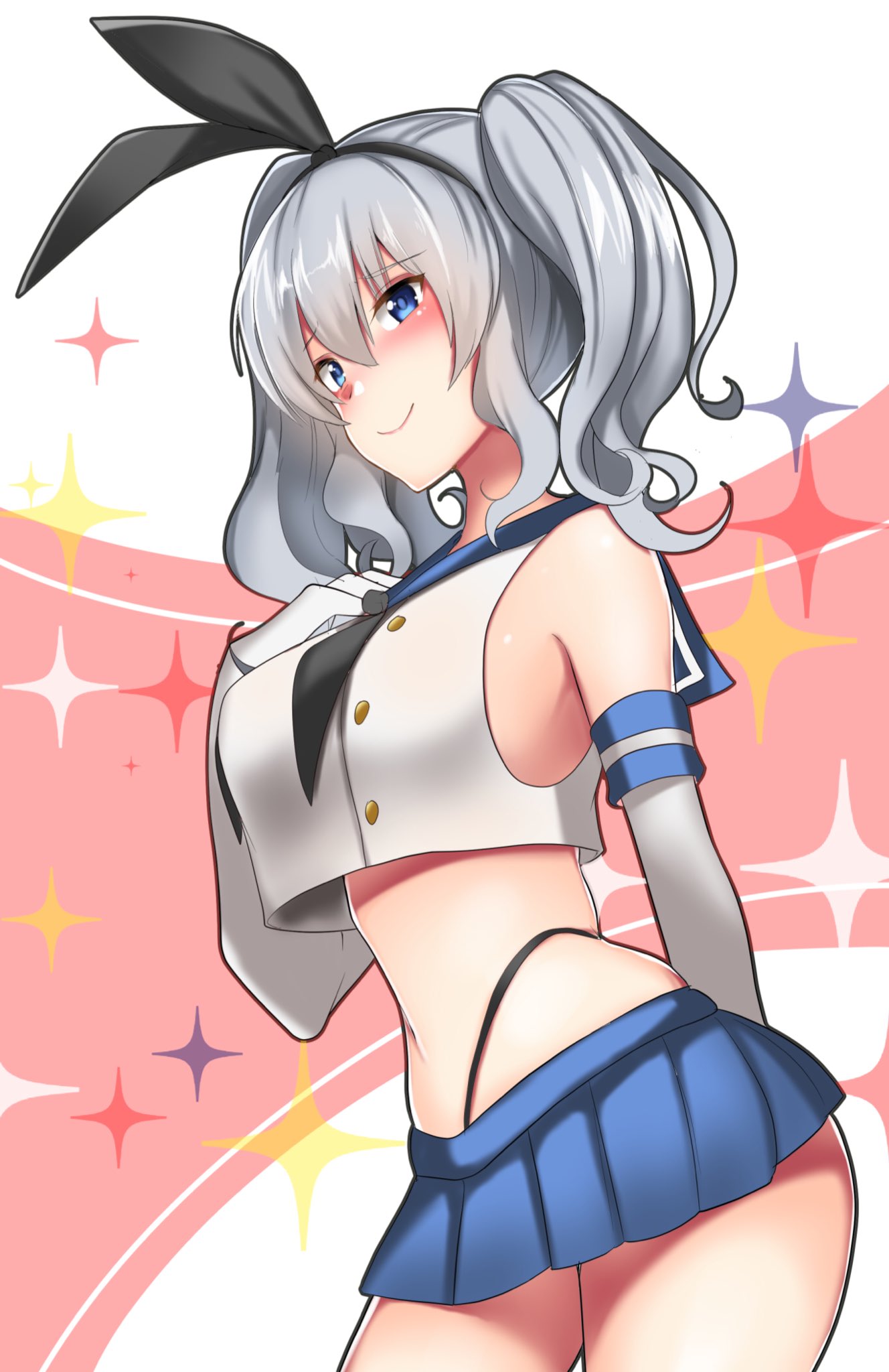 1girl abi_(abimel10) bangs bare_shoulders black_panties blue_eyes blue_skirt blush breasts buttons closed_mouth commentary cosplay crop_top crop_top_overhang elbow_gloves gloves hair_between_eyes hairband hand_on_own_chest highleg highleg_panties highres kantai_collection kashima_(kantai_collection) large_breasts long_hair looking_at_viewer microskirt navel panties pleated_skirt sailor_collar shimakaze_(kantai_collection) shimakaze_(kantai_collection)_(cosplay) sidelocks silver_hair skirt smile solo sparkle thighs thong twintails underwear wavy_hair white_gloves