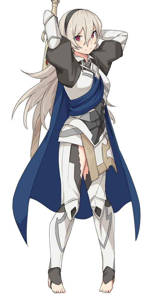 1girl armor arms_behind_head barefoot black_hairband blonde_hair blue_cape blush cape commentary_request female_my_unit_(fire_emblem_if) fire_emblem fire_emblem_if full_body gauntlets hair_between_eyes hair_ornament hairband holding holding_sword holding_weapon long_hair looking_at_viewer my_unit_(fire_emblem_if) nintendo no_shoes red_eyes shiseki_hirame simple_background smile solo sword weapon white_background