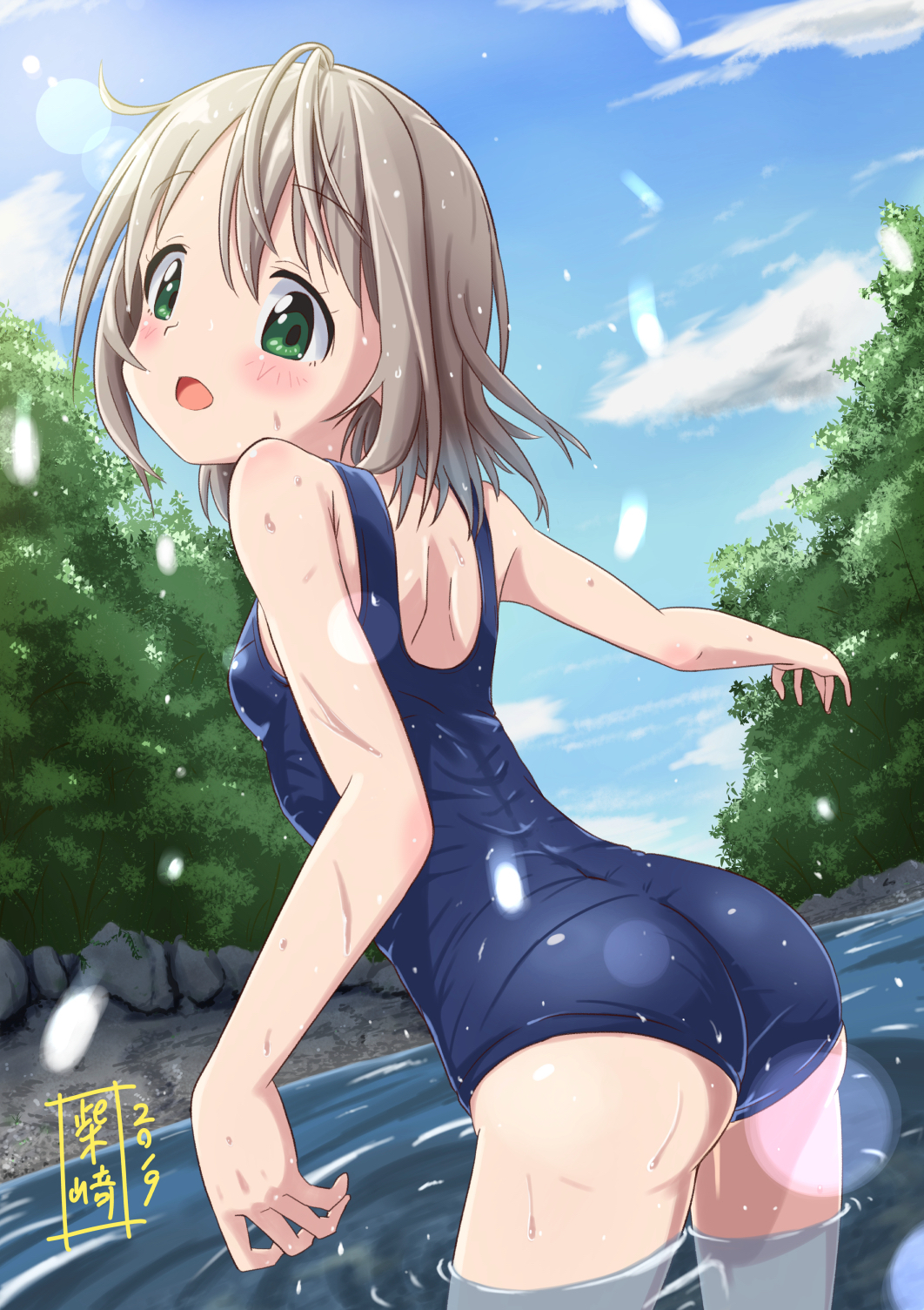 1girl ass bare_shoulders blue_sky blue_swimsuit commentary_request day from_behind green_eyes grey_hair hair_ornament highres kohshibasaki looking_at_viewer looking_back one-piece_swimsuit open_mouth outdoors river school_swimsuit short_hair shoulder_blades sky solo sunlight swimsuit tree water wet yama_no_susume yukimura_aoi