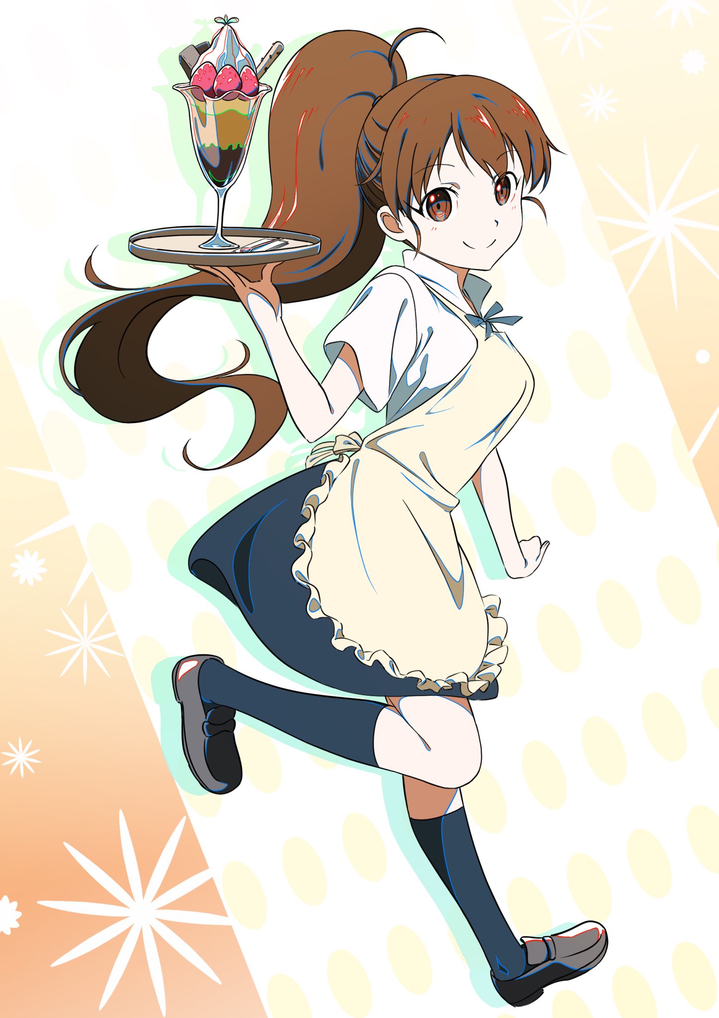 1girl ahoge apron black_legwear black_skirt brown_eyes brown_footwear brown_hair eyebrows_visible_through_hair floating_hair frilled_apron frills from_side full_body grey_ribbon high_ponytail highres holding holding_plate kneehighs leg_up loafers long_hair looking_at_viewer medium_skirt neck_ribbon parfait pink_x plate ribbon shiny shiny_hair shirt shoes short_sleeves skirt smile solo taneshima_popura very_long_hair white_apron white_background white_shirt working!!