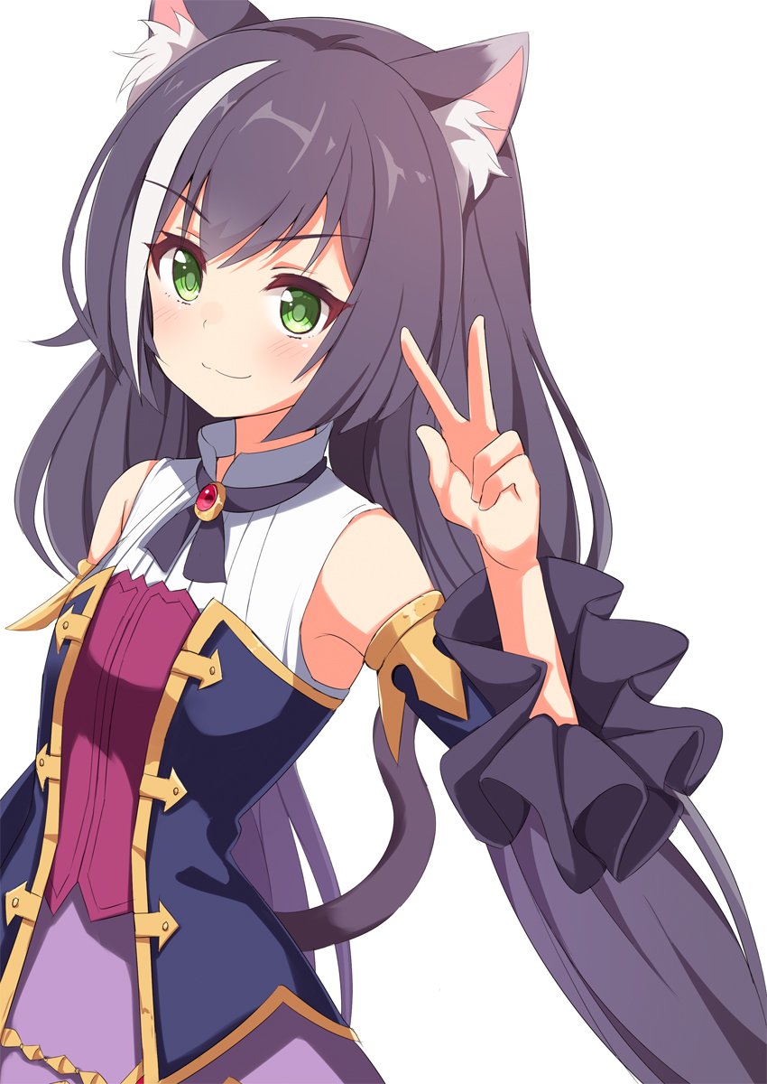 &gt;:) 1girl ame. animal_ear_fluff animal_ears bangs bare_shoulders black_hair blue_sleeves blush breasts cat_ears cat_girl cat_tail closed_mouth commentary_request detached_sleeves eyebrows_visible_through_hair green_eyes hair_between_eyes hand_up highres kyaru_(princess_connect) long_hair long_sleeves low_twintails multicolored_hair princess_connect! princess_connect!_re:dive purple_skirt shirt simple_background skirt sleeveless sleeveless_shirt small_breasts smile solo streaked_hair tail twintails v v-shaped_eyebrows very_long_hair white_background white_hair white_shirt