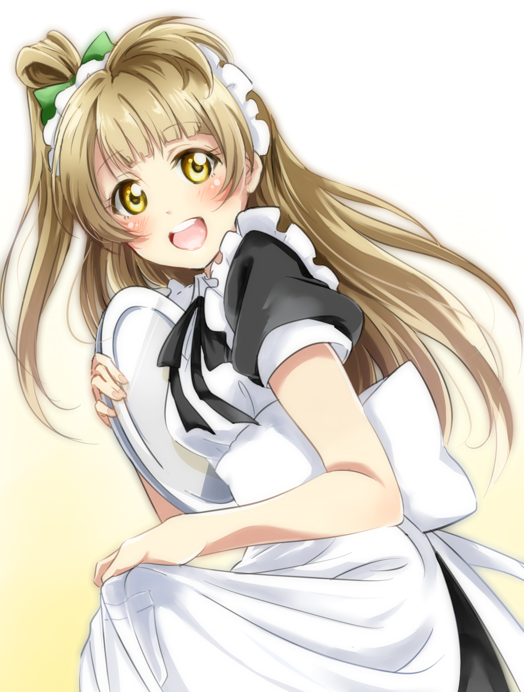 1girl :d alternate_costume apron bangs black_ribbon black_shirt blush bow brown_hair enmaided eyebrows_visible_through_hair floating_hair green_bow hair_bow highres holding holding_plate long_hair looking_at_viewer love_live! love_live!_school_idol_project maid minami_kotori neck_ribbon open_mouth plate ribbon shiny shiny_hair shirt short_sleeves side_ponytail simple_background smile solo standing vorupi white_apron white_background yellow_eyes