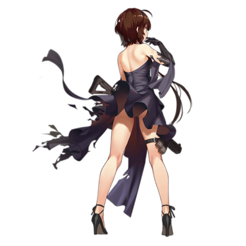 1girl ahoge alternate_costume alternate_hairstyle bangs black_footwear blush brown_hair closed_mouth dress expressionless fangdan_runiu flower from_behind full_body girls_frontline gloves gun hairband hand_up high_heels holding holding_gun holding_weapon legs_apart long_hair looking_at_viewer looking_back low_twintails magazine_(weapon) mechanical_arm orange_eyes pelvic_curtain purple_dress purple_gloves purple_hairband red_flower red_rose rose ruby_(gemstone) shawl sidelocks smile solo strapless strapless_dress submachine_gun thigh_strap torn_clothes transparent_background twintails type_79_(girls_frontline) type_79_smg weapon wristband