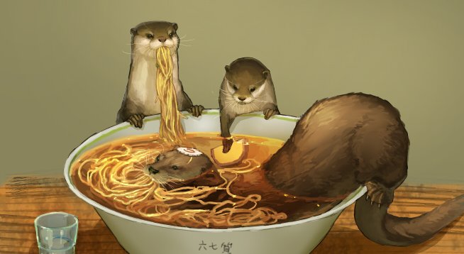 animal bowl commentary_request eating ferret food food_in_mouth food_on_head in_bowl in_container kamaboko munashichi narutomaki no_humans noodles object_on_head original partially_submerged ramen swimming table