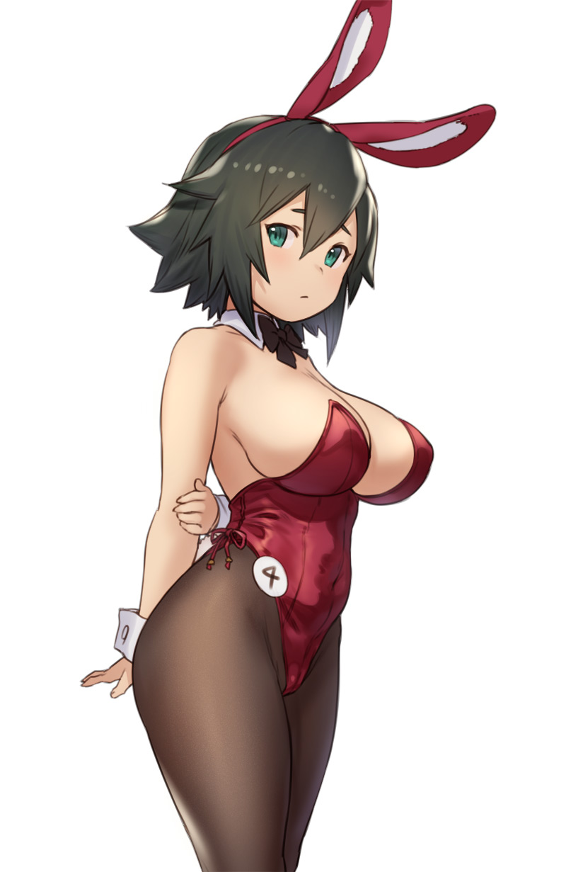 1girl animal_ears aqua_eyes arms_behind_back badge bare_shoulders black_hair bow bowtie breasts brown_legwear bunnysuit button_badge cleavage detached_collar fake_animal_ears hair_between_eyes hairband highres houtengeki large_breasts leotard original pantyhose rabbit_ears short_hair simple_background solo thighs white_background wrist_cuffs