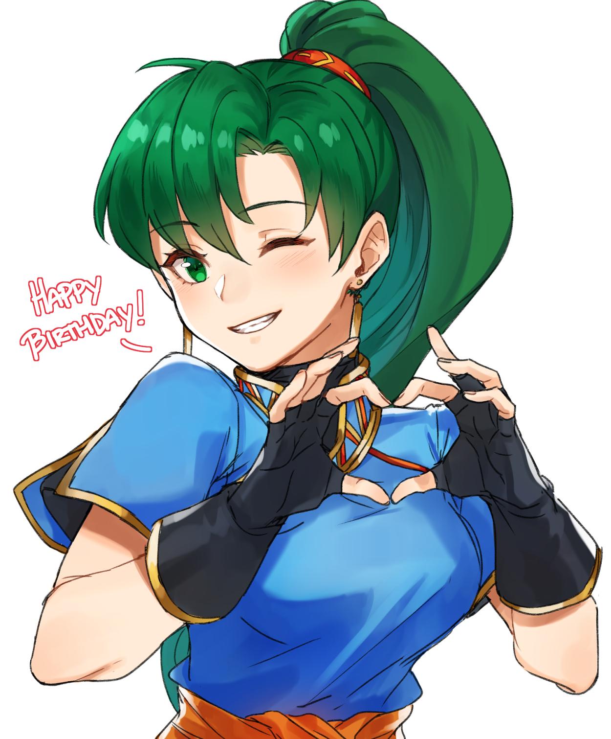 1girl earrings fingerless_gloves fire_emblem fire_emblem:_rekka_no_ken fire_emblem_heroes gloves green_eyes green_hair heart high_ponytail highres jewelry kamu_(kamuuei) long_hair looking_at_viewer lyndis_(fire_emblem) nintendo one_eye_closed ponytail side_slit smile solo white_background