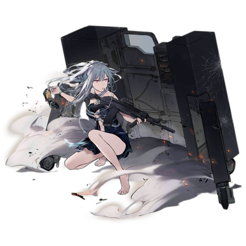 1girl ak-12 ak-12_(girls_frontline) alternate_costume alternate_hairstyle aquamarine_(gemstone) assault_rifle bangs barefoot black_footwear blue_dress braid breasts cleavage dress duoyuanjun eyebrows_visible_through_hair facing_viewer floating_hair french_braid girls_frontline gun halter_dress high_heels holding holding_gun holding_shoes holding_weapon legs_crossed light_particles long_dress long_hair medium_breasts mouth_hold official_art one_knee ponytail ribbon rifle shield shoes shoes_removed sidelocks silver_hair sitting sleeveless sleeveless_dress smile smoke solo taking_cover torn_clothes torn_dress transparent_background very_long_hair violet_eyes weapon weapon_case wristband