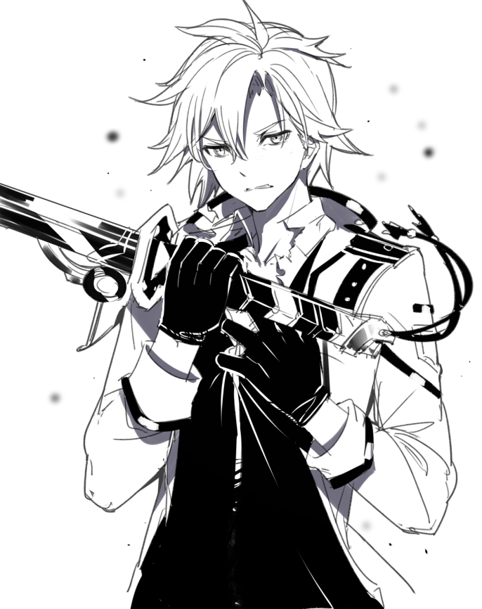 1boy bangs collarbone collared_shirt commentary_request eiyuu_densetsu eyebrows_visible_through_hair gloves greyscale hair_between_eyes hands_up holding holding_sword holding_weapon jacket long_sleeves looking_at_viewer male_focus monochrome open_clothes open_jacket parted_lips rean_schwartzer ririko_(zhuoyandesailaer) sen_no_kiseki shirt simple_background solo sword torn_clothes torn_shirt upper_body v-shaped_eyebrows weapon white_background
