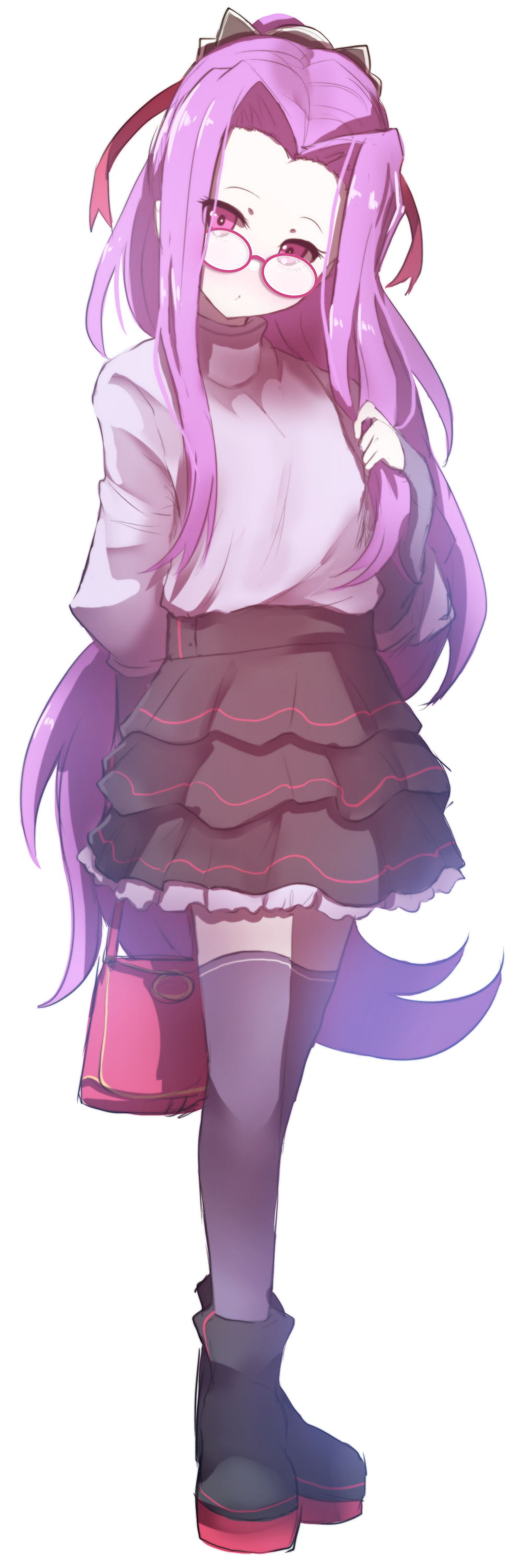 1girl absurdres alternate_costume bag bangs black_footwear black_skirt boots fate/grand_order fate_(series) forehead full_body glasses grey_legwear grey_shirt hair_ribbon hand_up handbag head_tilt high_ponytail highres layered_skirt long_hair long_sleeves medusa_(lancer)_(fate) parted_bangs pink_eyes ponytail puffy_long_sleeves puffy_sleeves purple_hair red-framed_eyewear red_ribbon ribbon rider shirt simple_background skirt solo standing thigh-highs thighhighs_under_boots very_long_hair wada_kazu white_background