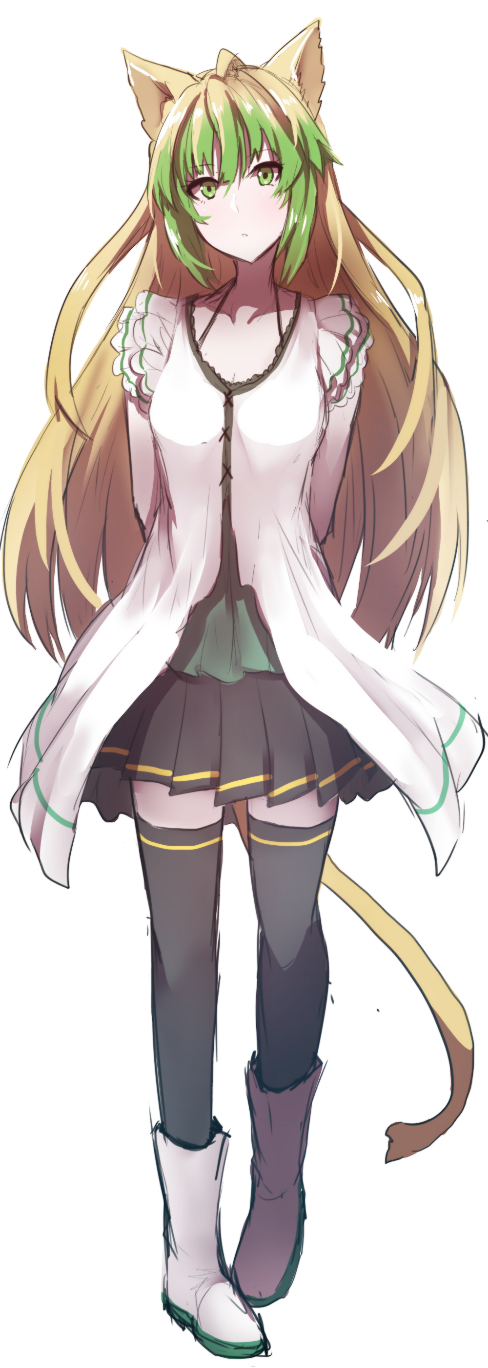 1girl absurdres ahoge alternate_costume animal_ear_fluff animal_ears arms_behind_back atalanta_(fate) bangs black_legwear black_skirt boots breasts cat_ears collarbone dress eyebrows_visible_through_hair fate/apocrypha fate_(series) full_body green_eyes green_hair hair_between_eyes head_tilt highres light_brown_hair long_hair multicolored_hair parted_lips pleated_skirt sidelocks simple_background skirt sleeveless sleeveless_dress small_breasts solo standing thigh-highs thighhighs_under_boots two-tone_hair very_long_hair wada_kazu white_background white_dress white_footwear