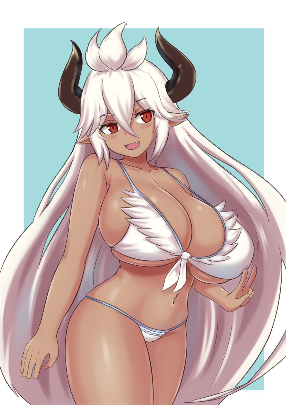 1girl :d alternate_breast_size bikini blue_background blush breasts cowboy_shot curvy dark_skin draph eyebrows_visible_through_hair fang granblue_fantasy highres horns huge_breasts long_hair nav navel open_mouth pointy_ears red_eyes shiny shiny_skin simple_background smile solo swimsuit thick_thighs thighs v very_long_hair white_bikini white_hair zooey_(granblue_fantasy)