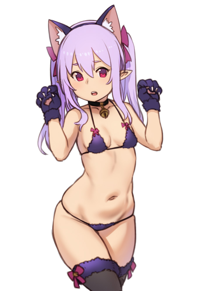 1girl animal_ear_fluff animal_ears bangs bare_shoulders bell bell_collar bikini black_collar black_legwear bow breasts cat_ears claws collar collarbone fake_animal_ears fur_trim gloves hair_between_eyes hair_bow hair_ribbon halter_top halterneck hands_up houtengeki long_hair looking_at_viewer navel open_mouth original paw_gloves paws pointy_ears purple_bikini purple_bow purple_gloves purple_hair purple_ribbon red_eyes ribbon sidelocks simple_background skindentation small_breasts solo standing stomach swimsuit thigh-highs twintails upper_teeth white_background