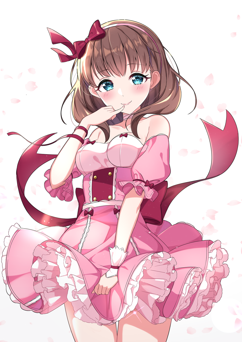 1girl back_bow bare_shoulders blue_eyes blush bow breasts brown_hair closed_mouth collarbone commentary_request detached_sleeves frilled_skirt frills hair_bow hairband hand_up highres idolmaster idolmaster_cinderella_girls long_hair medium_breasts petals pink_hairband pink_skirt pink_sleeves pleated_skirt puffy_short_sleeves puffy_sleeves red_bow sakuma_mayu short_sleeves single_wrist_cuff skirt smile solo strapless sutoroa wrist_cuffs