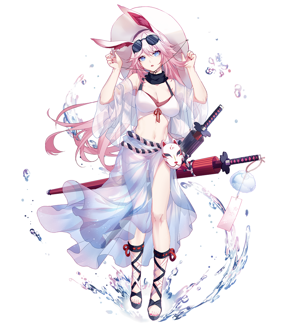 1girl adapted_costume animal_ears artist_request bikini blue_eyes breasts cross-laced_footwear eyewear_on_head fox_mask head_tilt honkai_(series) honkai_impact_3rd katana long_hair looking_at_viewer mask medium_breasts nail_polish navel oriental_umbrella pink_hair rabbit_ears sandals sarong see-through solo standing sunglasses swimsuit sword transparent_background umbrella very_long_hair weapon white_bikini yae_sakura