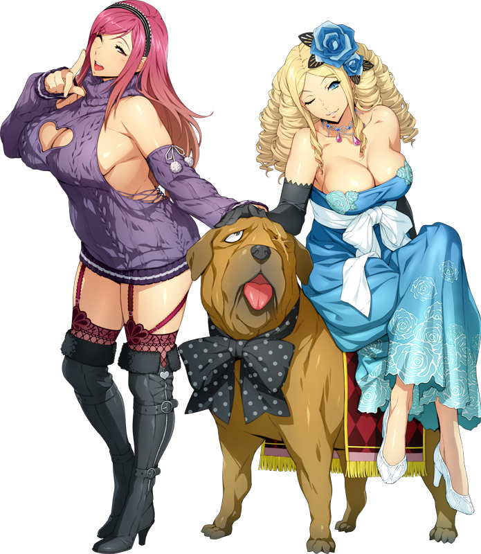 2girls arm_up bangs black_footwear black_gloves blonde_hair blue_dress blue_eyes boots breasts character_request cleavage cleavage_cutout cross_scar detached_sleeves dog dress drill_hair elbow_gloves flower garter_straps gloves hair_flower hair_ornament heart_cutout high_heels jewelry large_breasts legs_crossed long_hair looking_at_viewer mastiff multiple_girls necklace official_art one_eye_closed open_mouth over-kneehighs parted_bangs petting pink_eyes pink_hair pumps riding scar scar_across_eye smile standing strapless strapless_dress super_robot_wars super_robot_wars_x-omega thigh-highs transparent_background turtleneck watanabe_wataru white_footwear