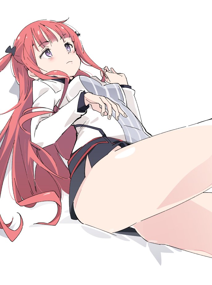 1girl arca_(summon_night) black_bow bow closed_mouth eyebrows_visible_through_hair hair_bow ixy long_hair long_sleeves looking_up miniskirt redhead simple_background sitting skirt solo summon_night summon_night_5 thighs violet_eyes white_background