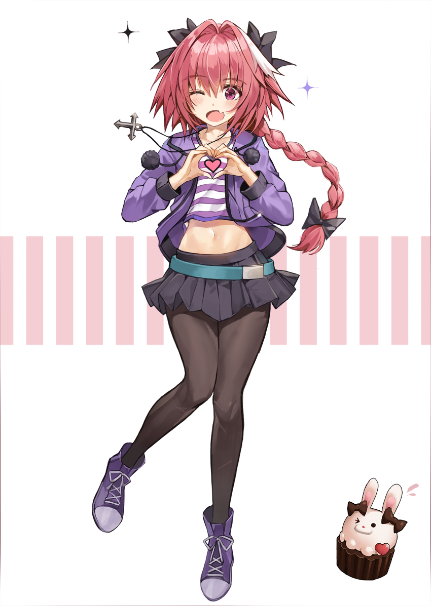 1boy astolfo_(fate) bangs black_bow black_legwear black_skirt blush bow braid commentary commission eto_(nistavilo2) eyebrows_visible_through_hair fang fate/grand_order fate_(series) full_body hair_bow hair_intakes hair_ribbon jacket long_hair looking_at_viewer male_focus midriff multicolored_hair navel open_mouth pantyhose pink_hair purple_jacket ribbon shirt shoes single_braid skirt smile solo streaked_hair striped striped_shirt trap violet_eyes