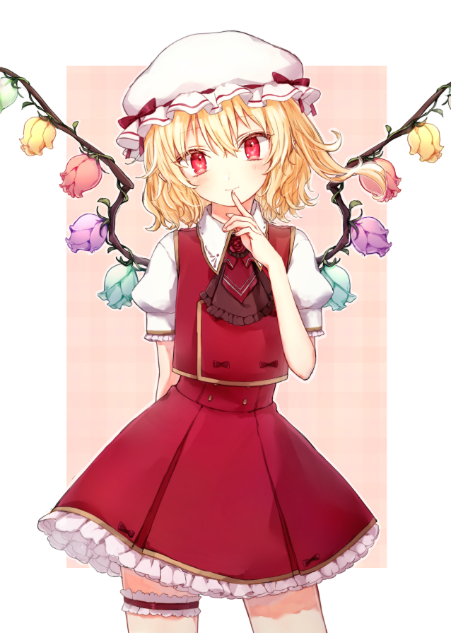 1girl blonde_hair border closed_mouth commentary_request cowboy_shot finger_to_mouth flandre_scarlet flat_chest flower green_flower hair_between_eyes hat hat_ribbon head_tilt honotai leg_garter looking_at_viewer mob_cap outside_border petticoat pink_background purple_flower red_eyes red_flower red_ribbon red_skirt red_vest ribbon shirt skirt skirt_set smile solo standing touhou ves vest white_border white_headwear white_shirt wing_collar wings yellow_flower