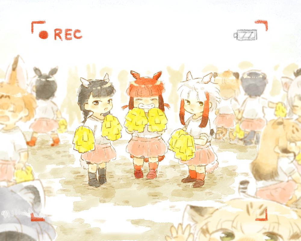 6+girls aardwolf_(kemono_friends) aardwolf_ears alternate_costume animal_ears atlantic_puffin_(kemono_friends) bangs battery_indicator bird_tail bird_wings black-headed_ibis_(kemono_friends) black_hair blonde_hair blurry blush braid cat_ears cheerleader cheetah_(kemono_friends) cheetah_ears cheetah_print cheetah_tail child closed_eyes commentary common_raccoon_(kemono_friends) depth_of_field extra_ears eyebrows_visible_through_hair green_eyes grey_hair grin hair_bobbles hair_ornament head_wings holding_hands jaguar_(kemono_friends) jaguar_ears jaguar_print jaguar_tail japanese_crested_ibis_(kemono_friends) kemono_friends long_hair looking_at_viewer moeki_(moeki0329) multicolored_hair multiple_girls nose_blush open_mouth otter_ears otter_tail pleated_skirt pom_poms print_legwear raccoon_ears recording redhead sand_cat_(kemono_friends) scarlet_ibis_(kemono_friends) serval_(kemono_friends) serval_ears short_hair short_twintails sidelocks skirt small-clawed_otter_(kemono_friends) smile socks tail teeth thigh-highs twin_braids twintails viewfinder white_hair wings yellow_eyes younger