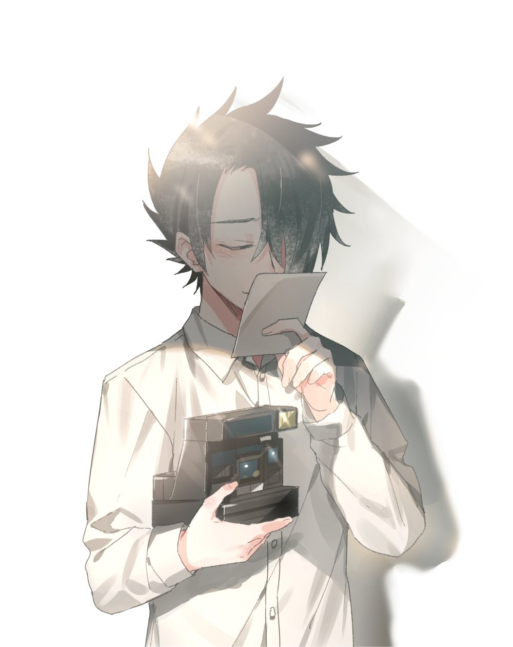 1boy black_hair blush camera closed_eyes closed_mouth glaring hair_over_one_eye highres holding long_sleeves object_kiss photo photo_(object) polaroid ray_(yakusoku_no_neverland) shaded_face shadow shirt simple_background smile solo standing white_background white_shirt yakusoku_no_neverland yala1453