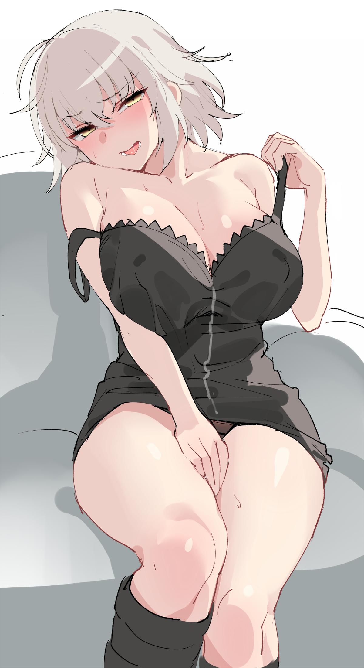 1girl ahoge bangs bare_shoulders black_dress black_footwear blush boots breasts cleavage collarbone dress fate/grand_order fate_(series) hair_between_eyes highres jeanne_d'arc_(alter)_(fate) jeanne_d'arc_(fate)_(all) knee_boots large_breasts looking_at_viewer ndgd off_shoulder open_mouth short_dress short_hair silver_hair simple_background sitting solo sweat thighs white_background wicked_dragon_witch_ver._shinjuku_1999 yellow_eyes