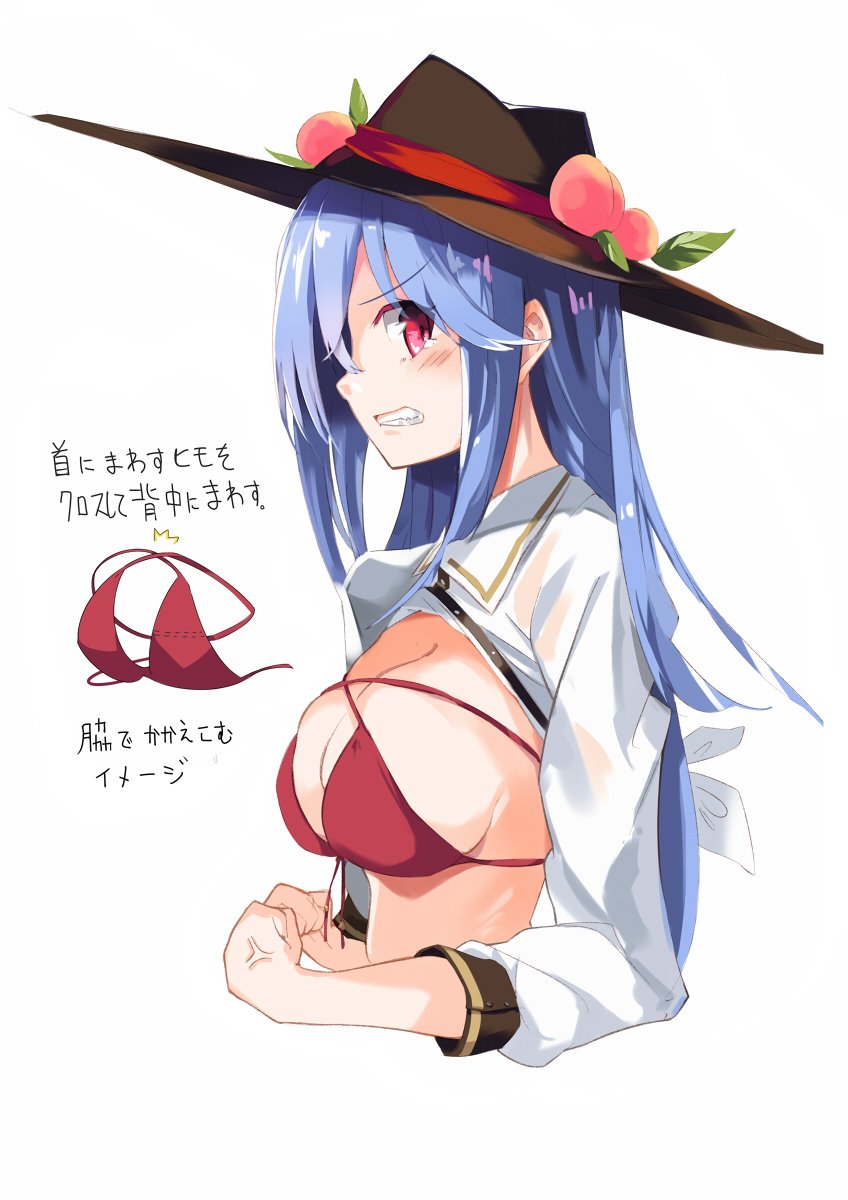 1girl bad_hands bangs bikini black_headwear blue_hair blush breasts clenched_teeth commentary_request cropped_torso eyebrows_visible_through_hair food from_side fruit hair_between_eyes highres hinanawi_tenshi large_breasts leaf long_hair long_sleeves looking_at_viewer peach profile red_bikini red_eyes shrug_(clothing) sidelocks simple_background solo strapless strapless_bikini swimsuit tears teeth tetsurou_(fe+) touhou translation_request upper_body white_background