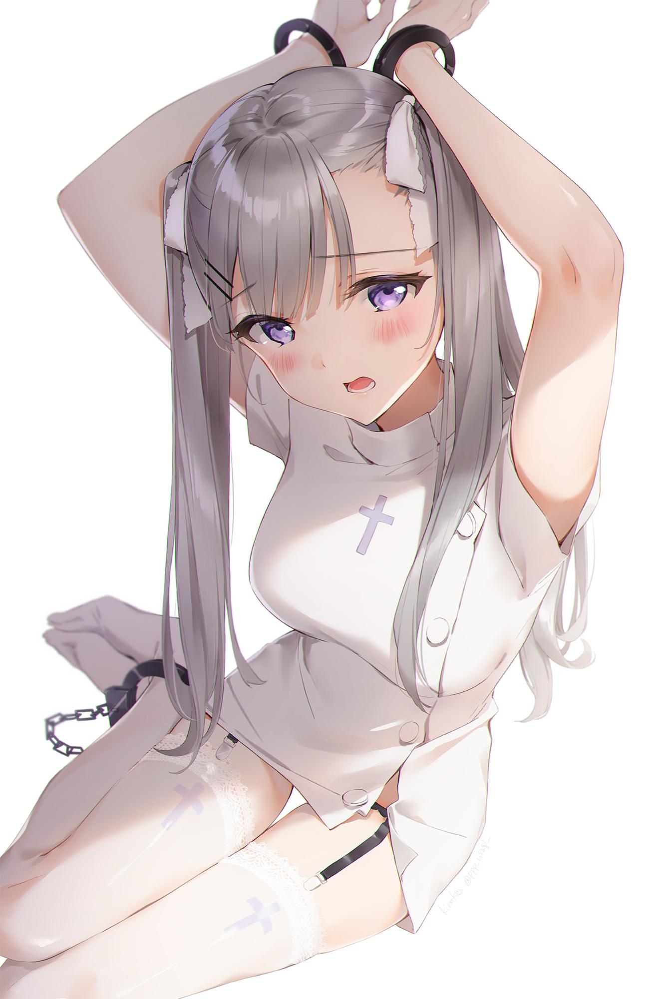 1girl arms_up bangs blunt_bangs blush breasts cuffs eyebrows_visible_through_hair garter_belt garter_straps grey_hair hair_ornament hair_ribbon hairclip handcuffs highres lace lace-trimmed_legwear large_breasts long_hair looking_at_viewer nurse open_mouth original restrained ribbon shiratama_akane short_sleeves simple_background sitting solo thigh-highs twintails twitter_username violet_eyes white_background white_legwear