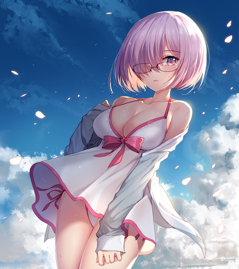 1girl bangs bare_shoulders bison_cangshu blue_sky blush breasts clouds cowboy_shot day dress eyebrows_visible_through_hair fate/grand_order fate_(series) glasses hair_over_one_eye jacket large_breasts long_sleeves looking_at_viewer mash_kyrielight off_shoulder open_mouth outdoors petals pink_hair short_hair sidelocks sky solo violet_eyes wet white_jacket wind