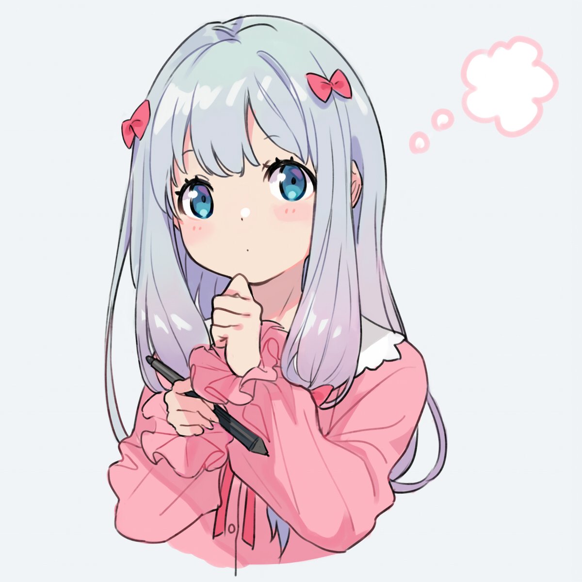 blue_eyes bow eromanga_sensei hair_bow highres izumi_sagiri long_hair looking_at_viewer low-tied_long_hair pajamas pink_bow portrait silver_hair stylus yuu_(higashi_no_penguin)