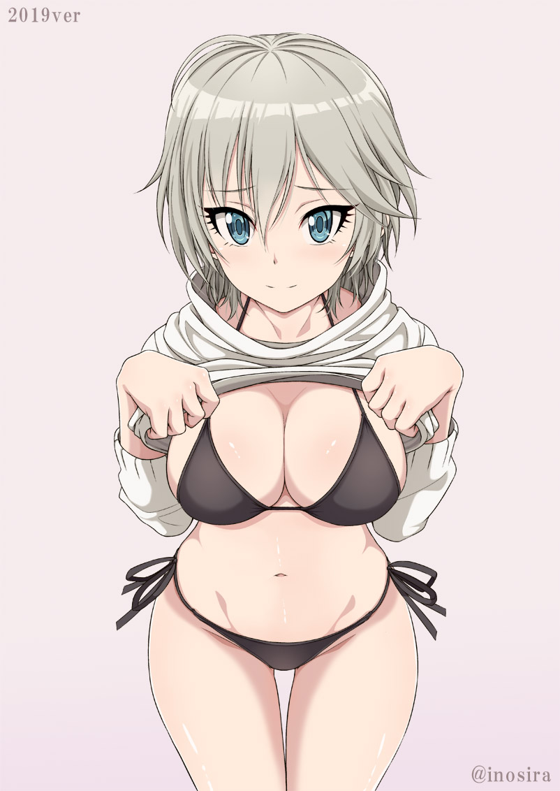 1girl anastasia_(idolmaster) artist_name bangs bikini black_bikini blue_eyes blush breasts cleavage hair_between_eyes idolmaster idolmaster_cinderella_girls inoshira long_hair long_sleeves looking_at_viewer medium_breasts navel shirt_lift short_hair silver_hair smile solo swimsuit thighs