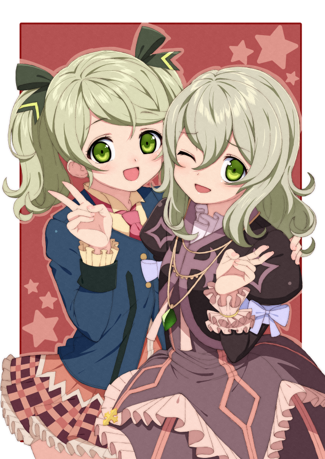 2girls :d ;d blonde_hair blue_jacket blush brown_dress cowboy_shot dress dual_persona elize_lutus frilled_dress frilled_sleeves frills green_eyes hair_between_eyes hair_ribbon hand_on_another's_shoulder jacket jewelry juliet_sleeves long_hair long_sleeves looking_at_viewer miniskirt mon0351 multiple_girls necklace necktie one_eye_closed open_mouth outline outside_border pendant plaid plaid_skirt pleated_skirt puffy_sleeves red_background ribbon school_uniform simple_background skirt smile star tales_of_(series) tales_of_xillia tales_of_xillia_2 twintails v