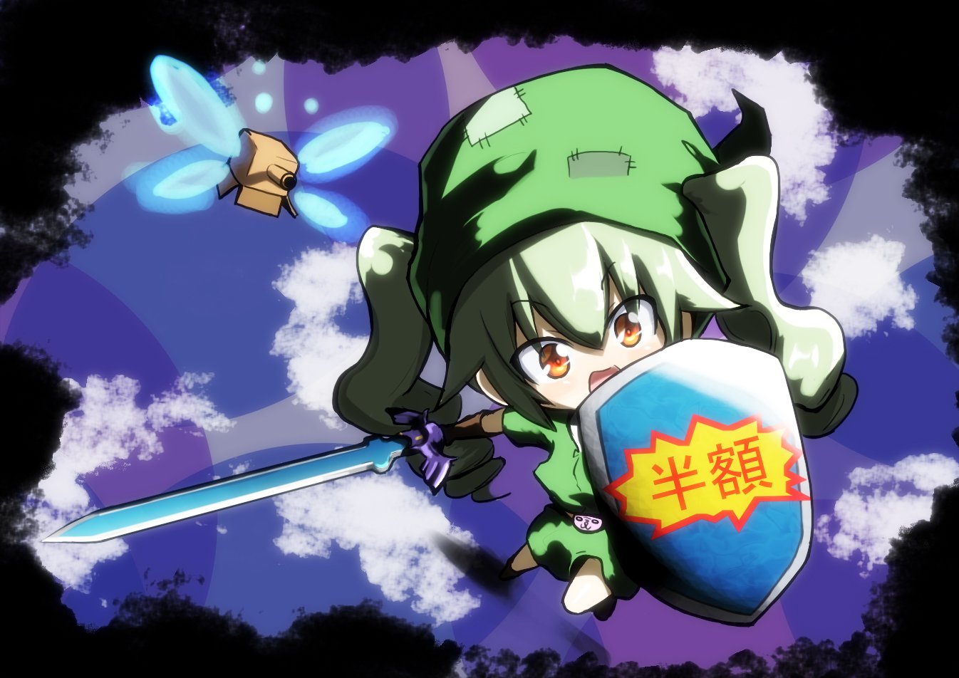 1girl actas_(studio) anchovy bangs belt black_belt black_gloves black_ribbon blue_sky box cardboard_box child clouds cloudy_sky commentary cosplay day drill_hair eyebrows_visible_through_hair girls_und_panzer gloves green_hair green_headwear green_tunic hair_ribbon holding holding_shield holding_sword holding_weapon jinguu_(4839ms) link link_(cosplay) long_hair looking_at_viewer master_sword media_factory navi navi_(cosplay) nintendo nintendo_ead open_mouth patch red_eyes reflection ribbon shield short_sleeves sky smile solo standing sword the_legend_of_zelda the_legend_of_zelda:_ocarina_of_time tokyo_mx translated tunic twin_drills twintails weapon younger