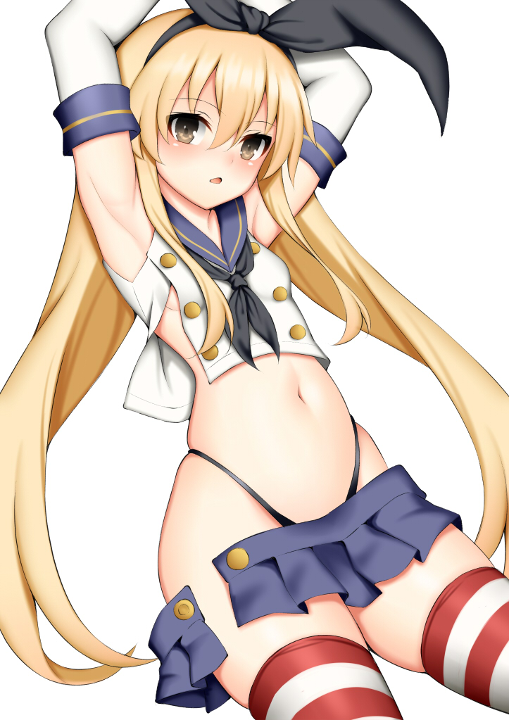 1girl anchor_hair_ornament animal_ears armpits black_panties blonde_hair blue_skirt blush brown_eyes crop_top elbow_gloves eyebrows_visible_through_hair gloves hair_between_eyes hair_ornament hairband highleg highleg_panties kantai_collection long_hair miniskirt navel open_mouth panties rabbit_ears sailor_collar school_uniform serafuku shimakaze_(kantai_collection) skirt solo striped striped_legwear thigh-highs toshishikisai underwear white_gloves