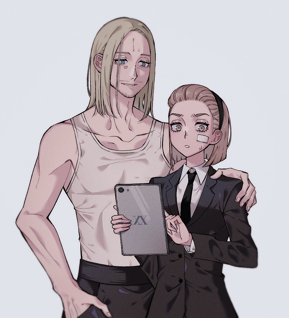 1boy 1girl bandaid bandaid_on_face bare_shoulders black_suit blonde_hair blue_eyes brown_eyes collarbone facial_hair formal hair_slicked_back hairband hand_in_pocket hand_on_another's_shoulder holding holding_tablet_pc hunter_x_hunter long_sleeves necktie sasakihxh shirt short_hair simple_background sleeveless suit tablet_pc tank_top theta_(hunter_x_hunter) tserriednich_hui_guo_rou upper_body white_background white_shirt