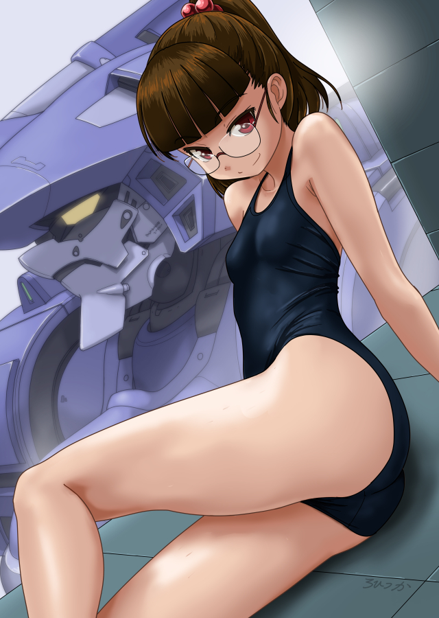 1girl arm_support armpit_crease ass bangs bare_arms bare_legs bare_shoulders black_swimsuit blunt_bangs breasts brown_hair closed_eyes closed_mouth collarbone commentary_request competition_school_swimsuit feet_out_of_frame glasses hair_bobbles hair_ornament leaning_back long_hair looking_at_viewer mecha original ponytail red_eyes rimless_eyewear rohitsuka sitting small_breasts smile solo swimsuit thighs