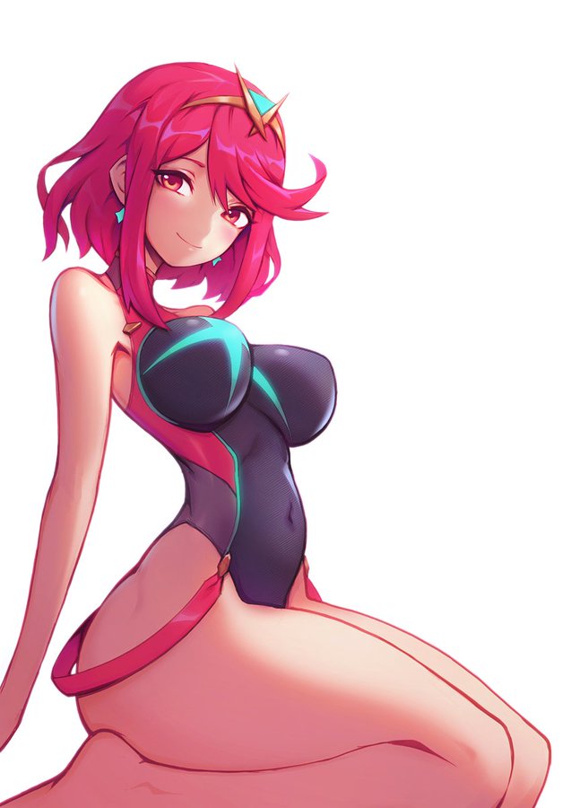 1girl arm_at_side bangs bare_legs bare_shoulders barefoot black_swimsuit blush breasts breasts_apart casual_one-piece_swimsuit closed_mouth covered_navel earrings from_side full_body halterneck highleg highleg_swimsuit hip_focus pyra_(xenoblade) impossible_clothes impossible_swimsuit jewelry large_breasts light_smile liyart looking_at_viewer neon_trim one-piece_swimsuit parted_bangs red_eyes redhead seiza shiny shiny_hair short_hair sidelocks simple_background sitting skin_tight slender_waist smile solo strap swept_bangs swimsuit thighs tiara turtleneck white_background xenoblade_(series) xenoblade_2