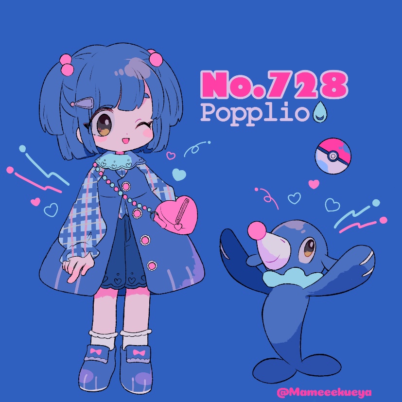 1girl bag blue_background blue_footwear blue_hair character_name creature_and_personification full_body gen_7_pokemon hair_ornament hairclip heart long_sleeves mameeekueya number one_eye_closed open_mouth personification poke_ball poke_ball_(generic) pokemon pokemon_(creature) pokemon_number popplio shoes short_hair shoulder_bag simple_background smile twitter_username