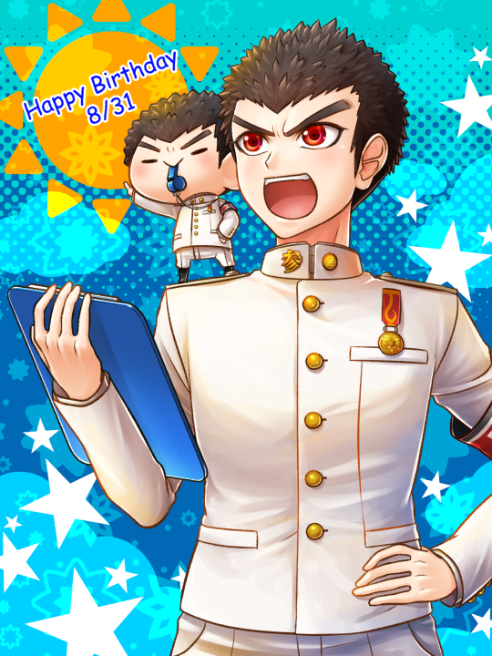 1boy black_hair blue_background dangan_ronpa dangan_ronpa_1 hand_on_hip happy_birthday ishimaru_kiyotaka jacket long_hair long_sleeves male_focus military military_uniform open_mouth pants red_eyes short_hair solo star uniform v-shaped_eyebrows very_long_hair whistle white_jacket white_pants yumaru_(marumarumaru)