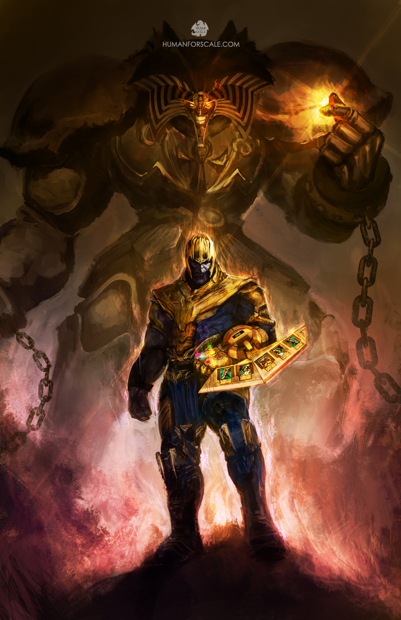 1boy 1other armor avengers avengers:_infinity_war card chain chained_wrists commentary crossover duel_disk duel_monster egyptian emory_(human4scale) english_commentary epic error evil_grin evil_smile exodia_the_forbidden_one full_body gem glowing glowing_eyes grin helmet highres infinity infinity_gauntlet male_focus marvel purple_skin size_difference smile snapping_fingers thanos watermark web_address yuu-gi-ou yuu-gi-ou_duel_monsters