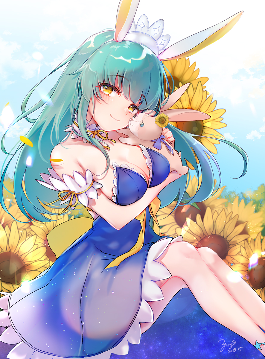 1girl animal animal_ears arm_under_breasts bangs bare_shoulders blue_dress blue_eyes blue_sky blush breast_hold breasts brown_eyes cleavage closed_mouth clouds commentary dated day dress english_commentary eyebrows_visible_through_hair flower green_hair head_tilt highres long_hair medium_breasts original outdoors rabbit rabbit_ears signature sitting sky smile solo star strapless strapless_dress sunflower yellow_flower yuge_(mkmk)