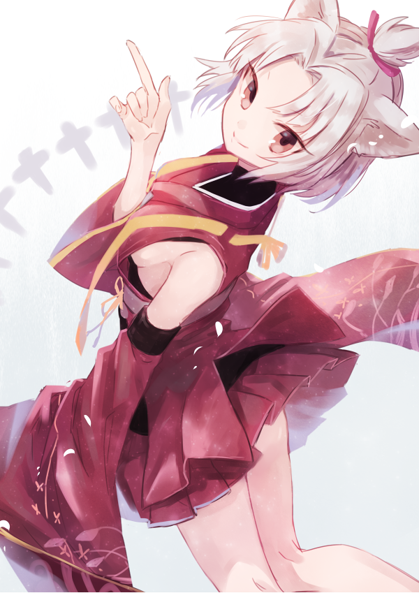 1girl animal_ears azur_lane breasts brown_eyes commentary_request detached_sleeves from_behind japanese_clothes kneepits kota_uro looking_at_viewer pleated_skirt pointing pointing_up remodel_(azur_lane) shikigami short_hair shouhou_(azur_lane) sideboob sidelocks skirt small_breasts smile solo standing topknot white_hair wide_sleeves