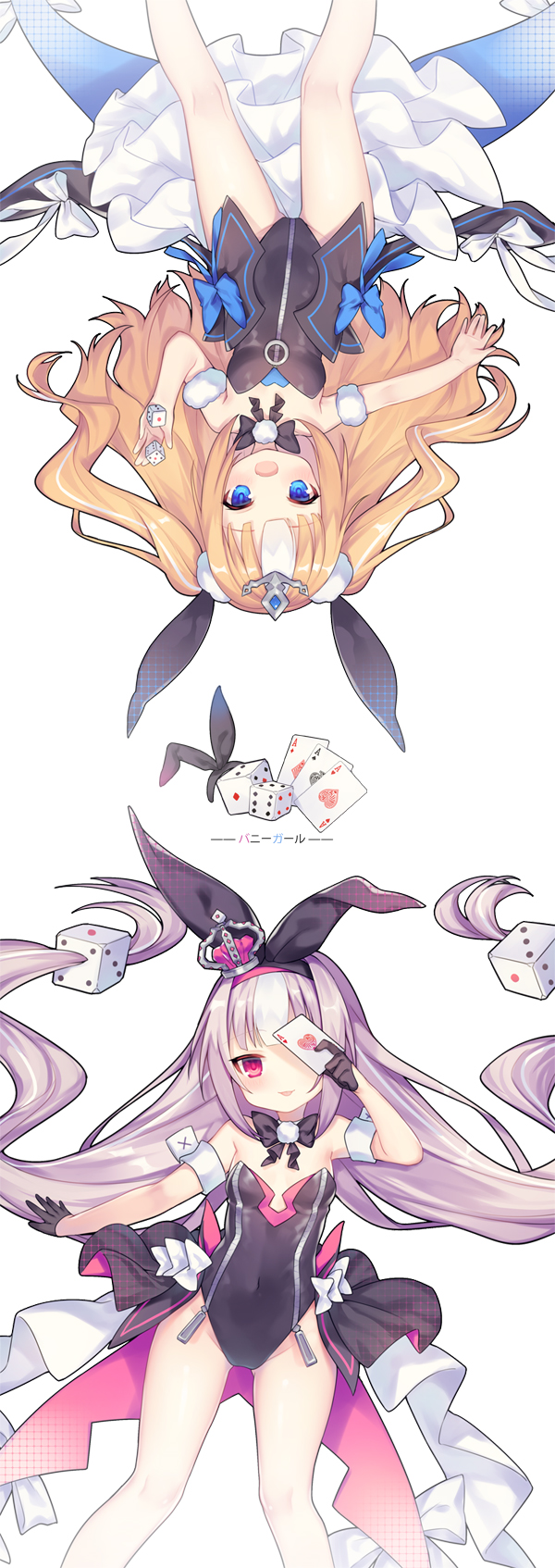 2girls :d ace_of_hearts azur_lane bangs bare_shoulders black_bow black_gloves black_hairband black_leotard black_ribbon blonde_hair blue_eyes blush bow card commentary_request covered_navel crown dice dice_hair_ornament eyebrows_visible_through_hair full-length_zipper gloves groin hair_ornament hair_ribbon hairband half_gloves highres hobby_(azur_lane) holding holding_card holding_dice kalk_(azur_lane) leotard long_hair looking_at_viewer mini_crown multicolored_hair multiple_girls one_eye_covered open_mouth outstretched_arm playing_card purple_hair red_eyes ribbon simple_background smile strapless strapless_leotard streaked_hair tiara tilted_headwear translated twintails two_side_up upside-down utm very_long_hair white_background white_hair zipper