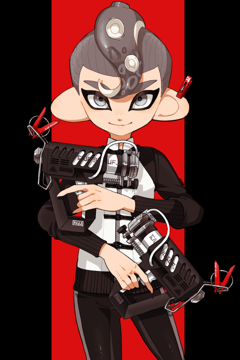 1boy black_jacket black_pants closed_mouth commentary_request cowboy_shot dual_wielding glooga_dualies_(splatoon) grey_eyes grey_hair holding jacket logo makeup male_focus mascara octoling pants pillarboxed pointy_ears raglan_sleeves red_background single_vertical_stripe smile solo splatoon_(series) splatoon_2 suction_cups tentacle_hair yeneny