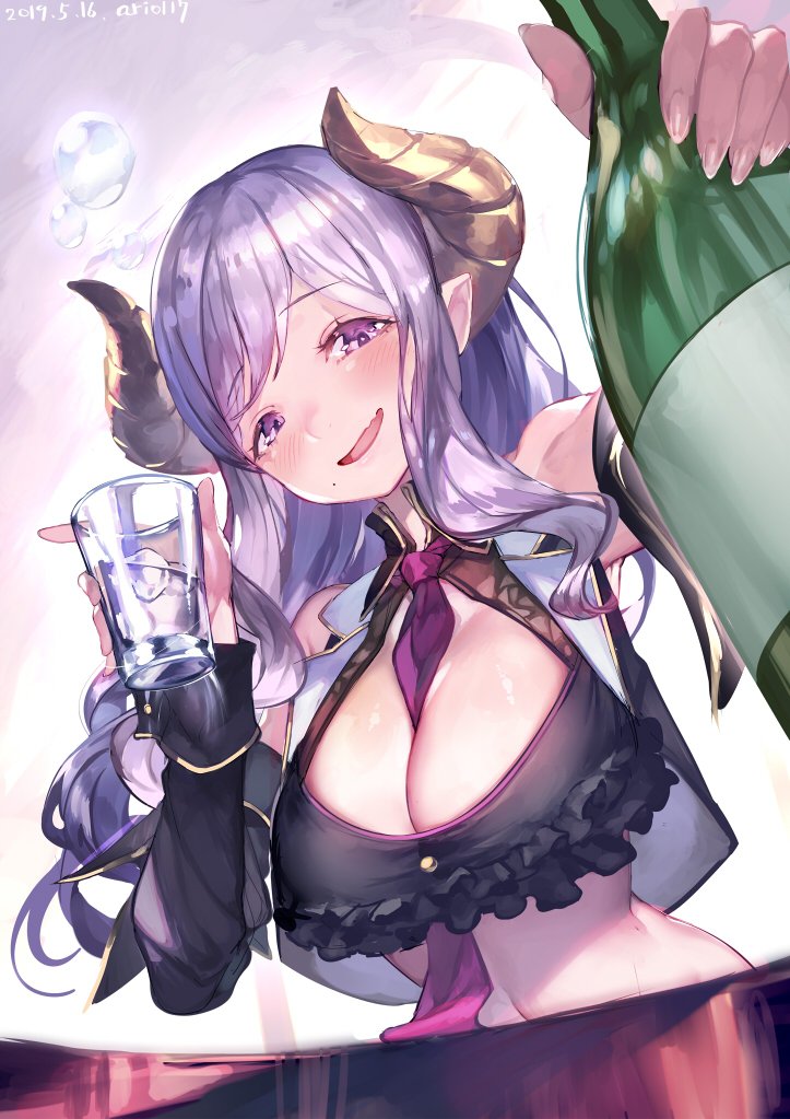 1girl alcohol ario bangs between_breasts blush bottle breasts cleavage commentary cup dated demon_girl demon_horns detached_sleeves drinking_glass from_below honey_strap horns ice ice_cube large_breasts long_hair long_sleeves looking_at_viewer mole mole_under_mouth navel necktie necktie_between_breasts open_mouth pointy_ears purple_hair purple_neckwear saionji_mary sidelocks signature sitting smile solo violet_eyes virtual_youtuber